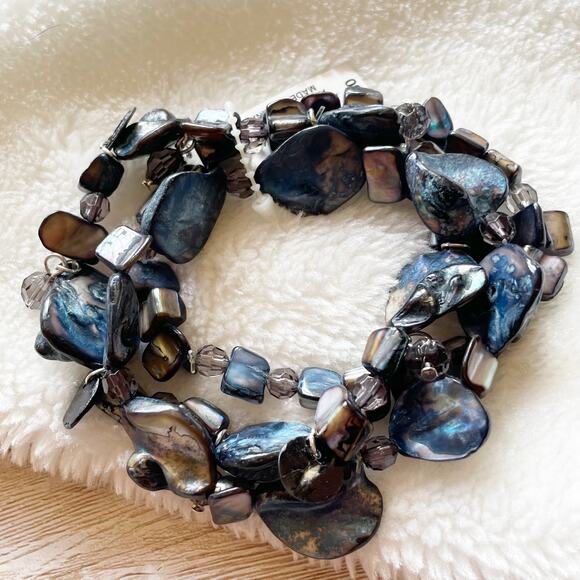 Style & Co Three Row Abalone Shell Stretch Bracelets Blue Silver New - Picture 2 of 11